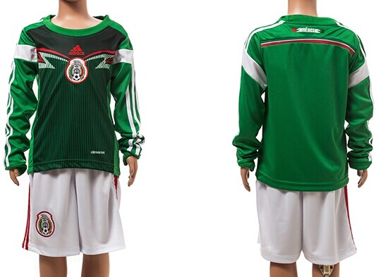 2014 World Cup Mexico Blank (or Custom) Home Soccer Long Sleeve Shirt Kit_Kids