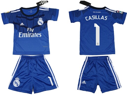 2014/15 Real Madrid #1 Casillas Goalkeeper Blue Soccer Shirt Kit_Kids