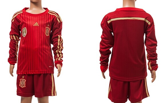 2014 World Cup Spain Blank (or Custom) Home Soccer Long Sleeve Shirt Kit_Kids