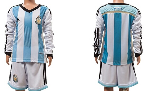 2014 World Cup Argentina Blank (or Custom) Home Soccer Long Sleeve Shirt Kit_Kids