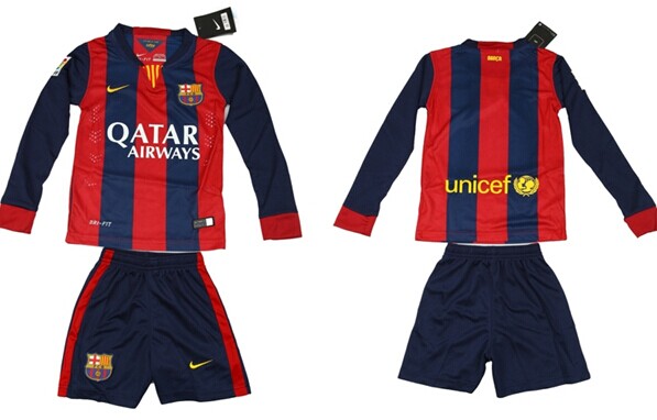 2014/15 FC Bacelona Blank Home Soccer Long Sleeve Shirt Kit_Kids