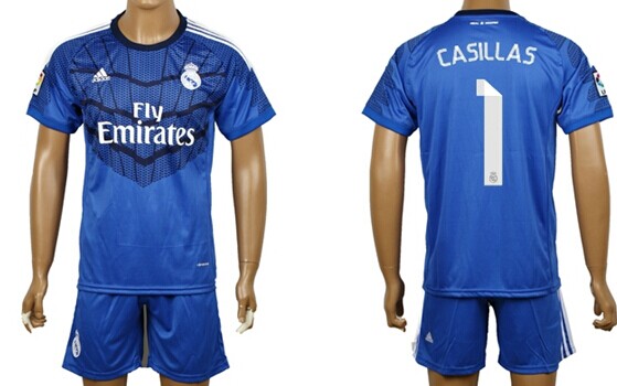 2014/15 Real Madrid #1 Casillas Goalkeeper Blue Soccer Shirt Kit
