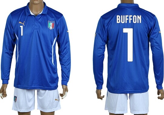 2014 World Cup Italy #1 Buffon Home Soccer Long Sleeve Shirt Kit