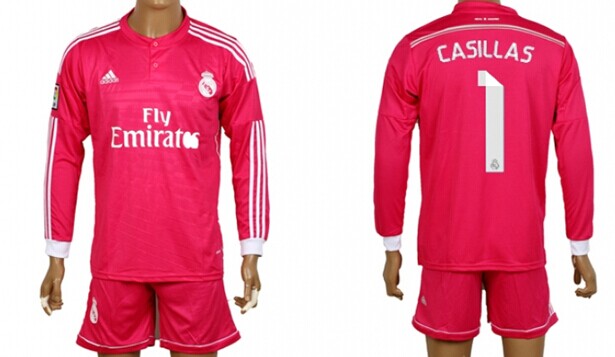 2014/15 Real Madrid #1 Casillas Away Pink Soccer Long Sleeve Shirt Kit