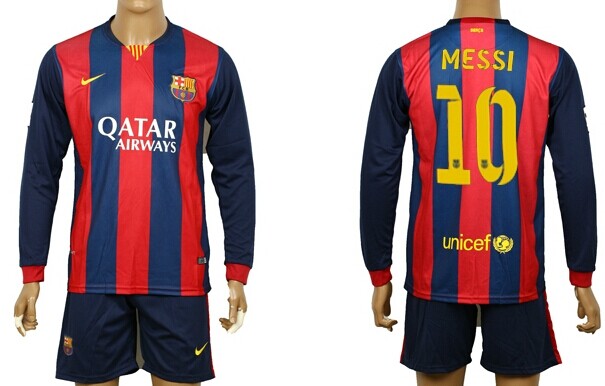 2014/15 FC Bacelona #10 Messi Home Soccer Long Sleeve Shirt Kit