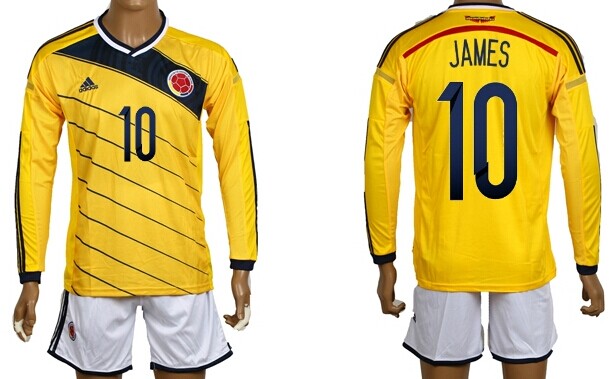 2014 World Cup Columbia #10 James Home Soccer Long Sleeve Shirt Kit