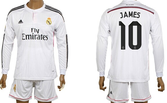 2014/15 Real Madrid #10 James Home Soccer Long Sleeve Shirt Kit