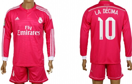 2014/15 Real Madrid #10 La Decima Away Pink Soccer Long Sleeve Shirt Kit