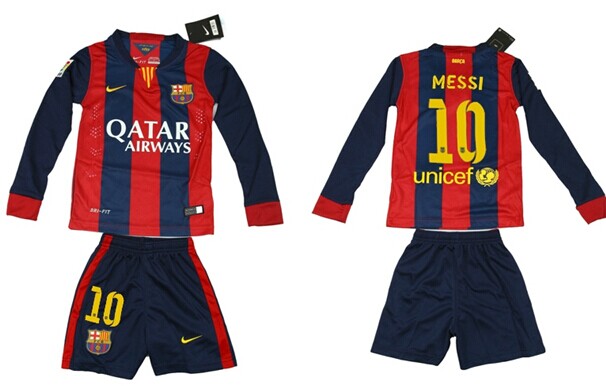 2014/15 FC Bacelona #10 Messi Home Soccer Long Sleeve Shirt Kit_Kids