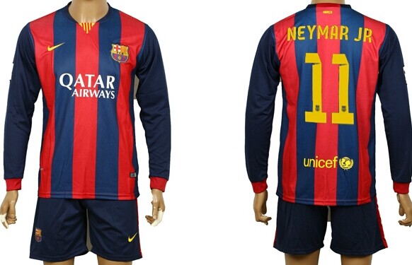 2014/15 FC Bacelona #11 Neymar Jr Home Soccer Long Sleeve Shirt Kit