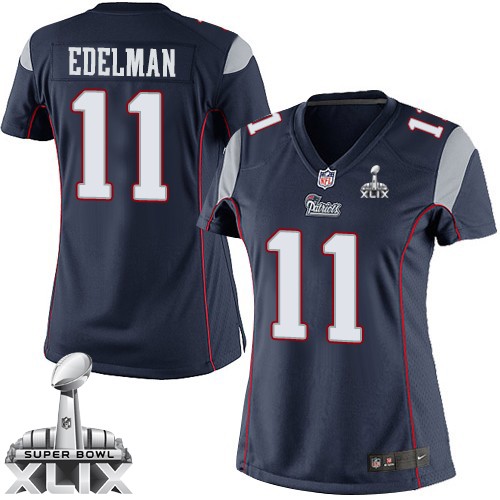 Nike New England Patriots #11 Julian Edelman 2015 Super Bowl XLIX Blue Game Womens Jersey