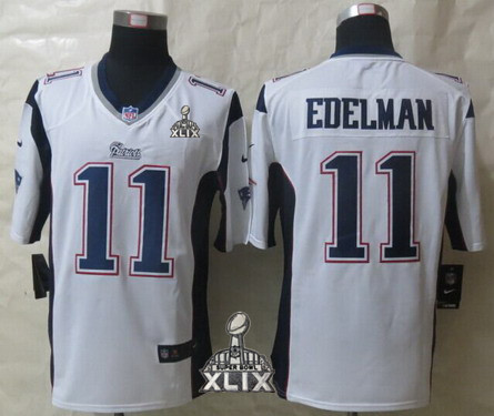 Nike New England Patriots #11 Julian Edelman 2015 Super Bowl XLIX White Game Jersey