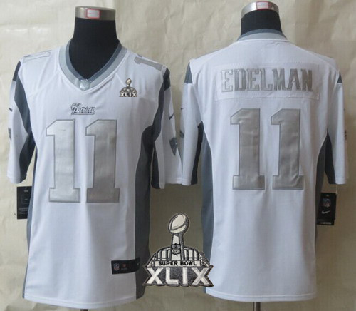 Nike New England Patriots #11 Julian Edelman 2015 Super Bowl XLIX Platinum White Limited Jersey