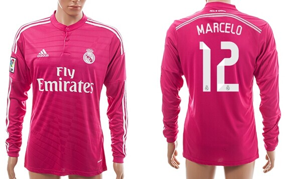 2014/15 Real Madrid #12 Marcelo Away Pink Soccer Long Sleeve AAA+ T-Shirt