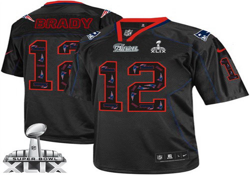 Nike New England Patriots #12 Tom Brady 2015 Super Bowl XLIX Lights Out Black Ornamented Elite Jersey