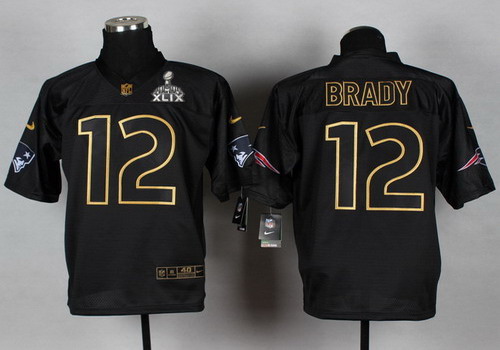 Nike New England Patriots #12 Tom Brady 2015 Super Bowl XLIX All Black/Gold Elite Jersey