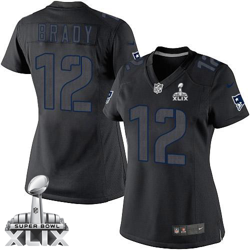 Nike New England Patriots #12 Tom Brady 2015 Super Bowl XLIX Black Impact Limited Womens Jersey