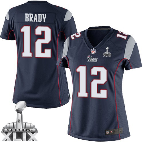 Nike New England Patriots #12 Tom Brady 2015 Super Bowl XLIX Blue Game Womens Jersey