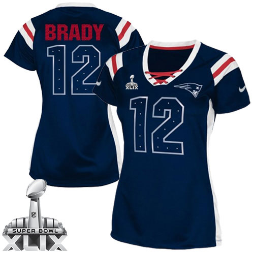 Nike New England Patriots #12 Tom Brady 2015 Super Bowl XLIX Drilling Sequins Blue Womens Jersey