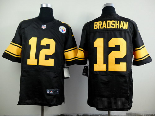 Nike Pittsburgh Steelers #12 Terry Bradshaw Black With Yellow Elite Jersey