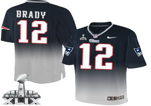 Nike New England Patriots #12 Tom Brady 2015 Super Bowl XLIX Blue/Gray Fadeaway Elite Jersey