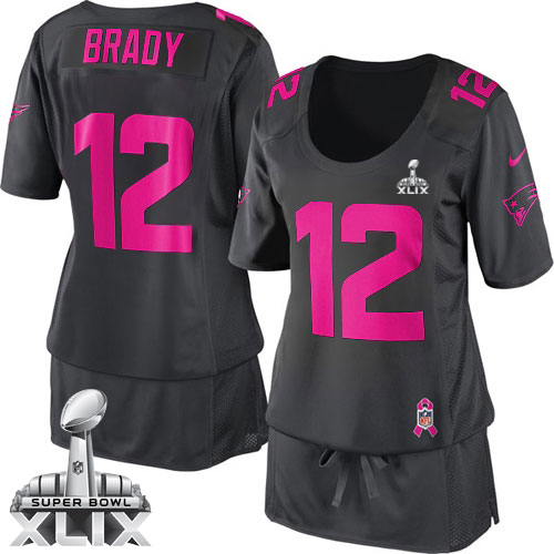 Nike New England Patriots #12 Tom Brady 2015 Super Bowl XLIX Breast Cancer Awareness Gray Womens Jersey