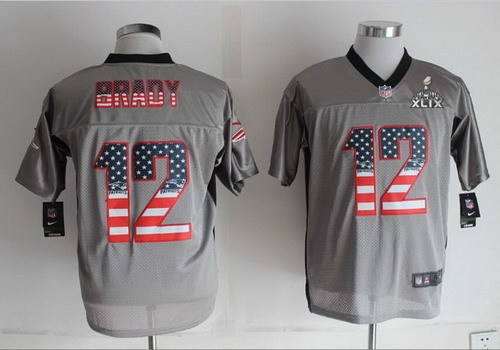 Nike New England Patriots #12 Tom Brady 2015 Super Bowl XLIX 2014 USA Flag Fashion Gray Elite Jersey