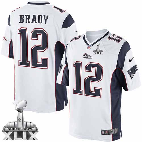 Nike New England Patriots #12 Tom Brady 2015 Super Bowl XLIX White Limited Kids Jersey