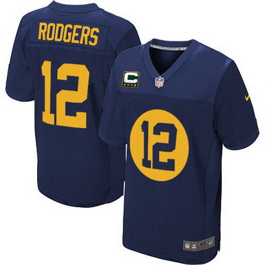 Nike Green Bay Packers #12 Aaron Rodgers Navy Blue C Patch Elite Jersey