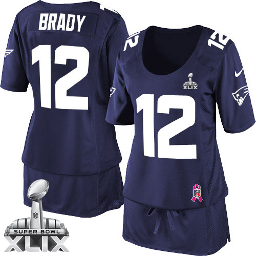 Nike New England Patriots #12 Tom Brady 2015 Super Bowl XLIX Breast Cancer Awareness Navy Blue Womens Jersey
