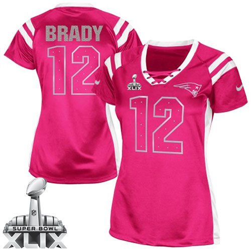 Nike New England Patriots #12 Tom Brady 2015 Super Bowl XLIX Drilling Sequins Pink Womens Jersey