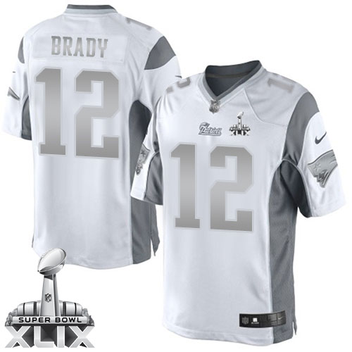 Nike New England Patriots #12 Tom Brady 2015 Super Bowl XLIX Platinum White Limited Jersey