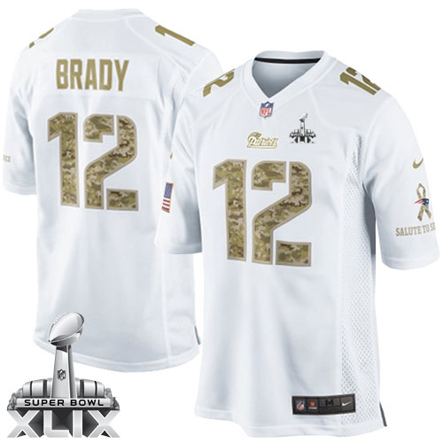 Nike New England Patriots #12 Tom Brady 2015 Super Bowl XLIX Salute to Service White Game Jersey