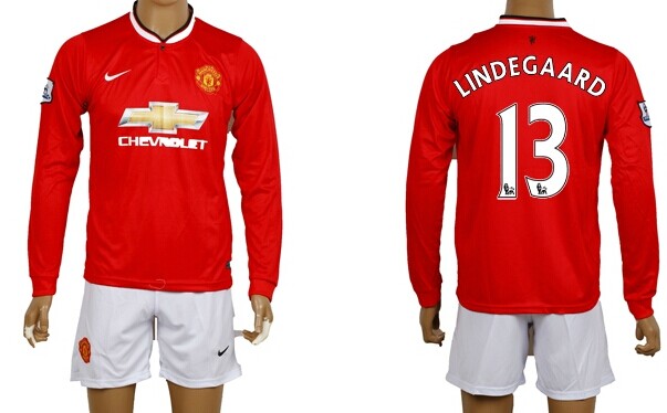 2014/15 Manchester United #13 Lindegaard Home Soccer Long Sleeve Shirt Kit