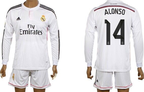 2014/15 Real Madrid #14 Alonso Home Soccer Long Sleeve Shirt Kit