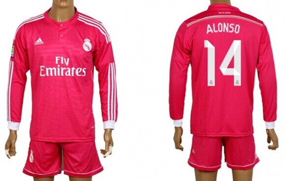 2014/15 Real Madrid #14 Alonso Away Pink Soccer Long Sleeve Shirt Kit