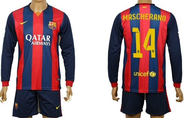 2014/15 FC Bacelona #14 Mascherano Home Soccer Long Sleeve Shirt Kit