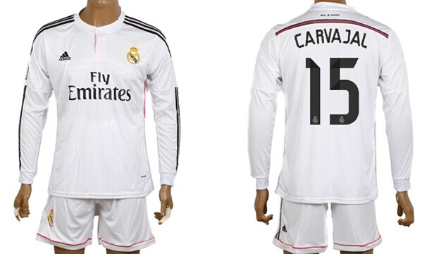 2014/15 Real Madrid #15 Carvajal Home Soccer Long Sleeve Shirt Kit