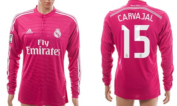 2014/15 Real Madrid #15 Carvajal Away Pink Soccer Long Sleeve AAA+ T-Shirt