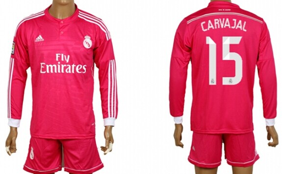 2014/15 Real Madrid #15 Carvajal Away Pink Soccer Long Sleeve Shirt Kit