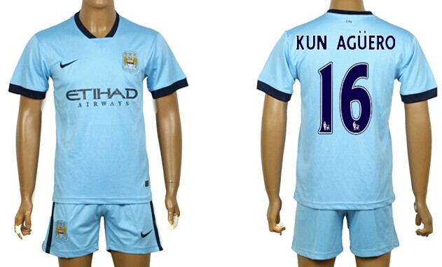 2014/15 Manchester City #16 Kun Aguero Home Soccer Shirt Kit