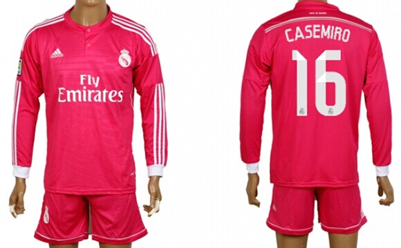 2014/15 Real Madrid #16 Casemiro Away Pink Soccer Long Sleeve Shirt Kit