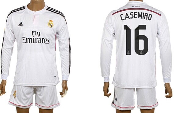 2014/15 Real Madrid #16 Casemiro Home Soccer Long Sleeve Shirt Kit