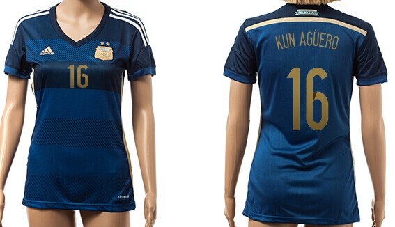 2014 World Cup Argentina #16 Kun Aguero Away Soccer AAA+ T-Shirt_Womens