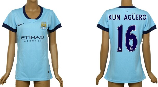 2014/15 Manchester City #16 Kun Aguero Home Soccer AAA+ T-Shirt_Womens