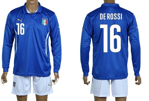 2014 World Cup Italy #16 De Rossi Home Soccer Long Sleeve Shirt Kit