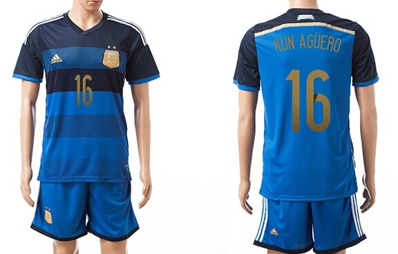 2014 World Cup Argentina #16 Kun Aguero Away Soccer Shirt Kit