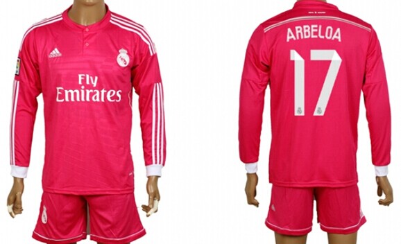 2014/15 Real Madrid #17 Arbeloa Away Pink Soccer Long Sleeve Shirt Kit