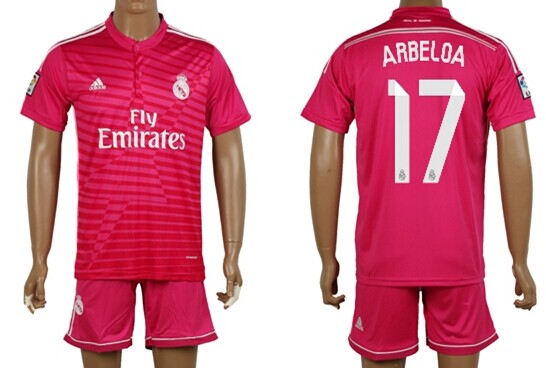 2014/15 Real Madrid #17 Arbeloa Away Pink Soccer Shirt Kit