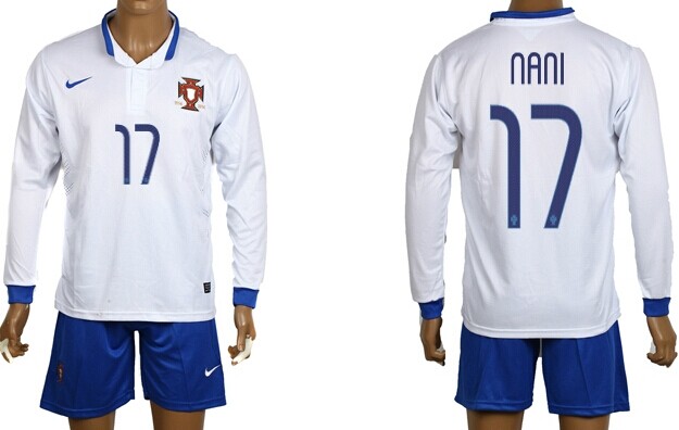 2014 World Cup Portugal #17 Nani Away White Soccer Long Sleeve Shirt Kit